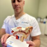 7 svimmelhet årsaker du ikke visste om Bilde av kiropraktor som viser ulike mulige svimmelhet årsaker, inkludert problemer i balanseorganet, blodtrykk, nakkeplager og andre medisinske tilstander, bilde av kiropraktor som holder anatomisk modell av det indre øret der mye av årsakene til svimmelhet ligger