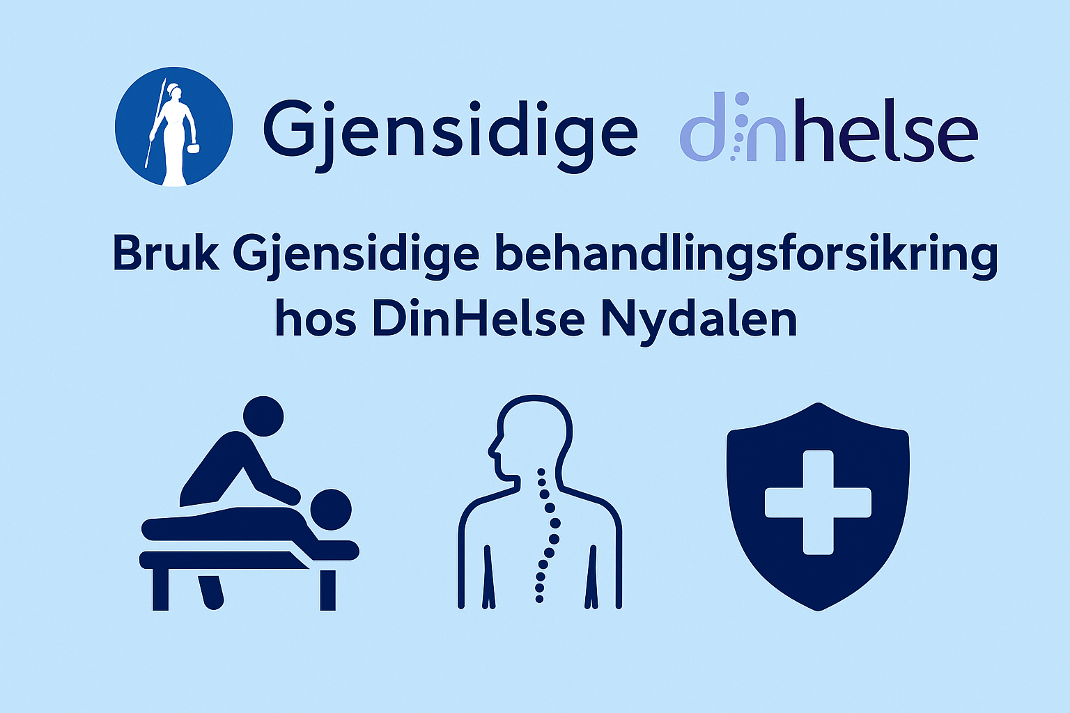 Bilde med logoene til Gjensidige og Din Helse Nydalen, helseikoner og teksten "Bruk Gjensidige behandlingsforsikring hos DinHelse Nydalen" på lys blå bakgrunn