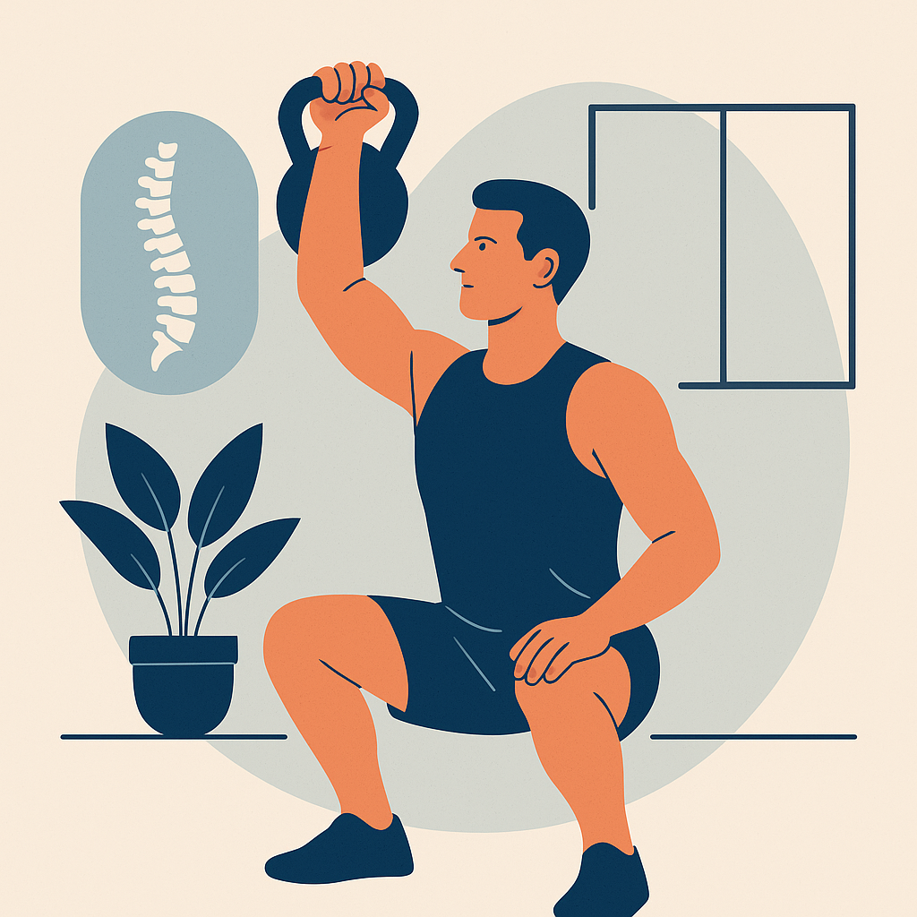 En stilisert illustrasjon som viser en person som løfter en kettlebell. Bildet symboliserer styrke, bevegelse og trening, og brukes for å representere hvordan en kiropraktor i Nydalen kan hjelpe med å holde kroppen i balanse og forebygge skader